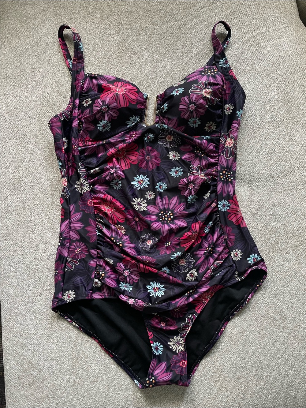 Floral One-Piece Swimsuit - Black with Pink & Purple Flowers